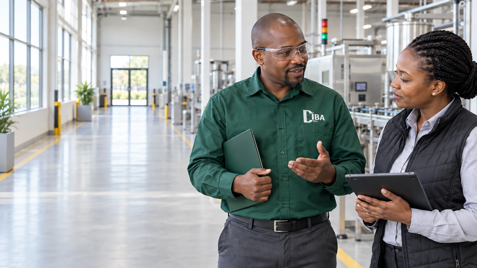 Diba-branded professionals discussing occupational hygiene requirements in a commercial facility
