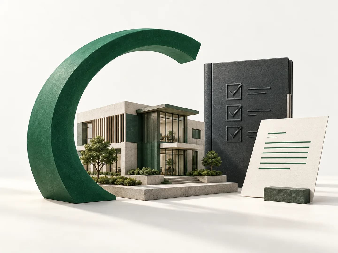 Illustration of a workplace building, safety checklist and consulting documents framed by a green arch
