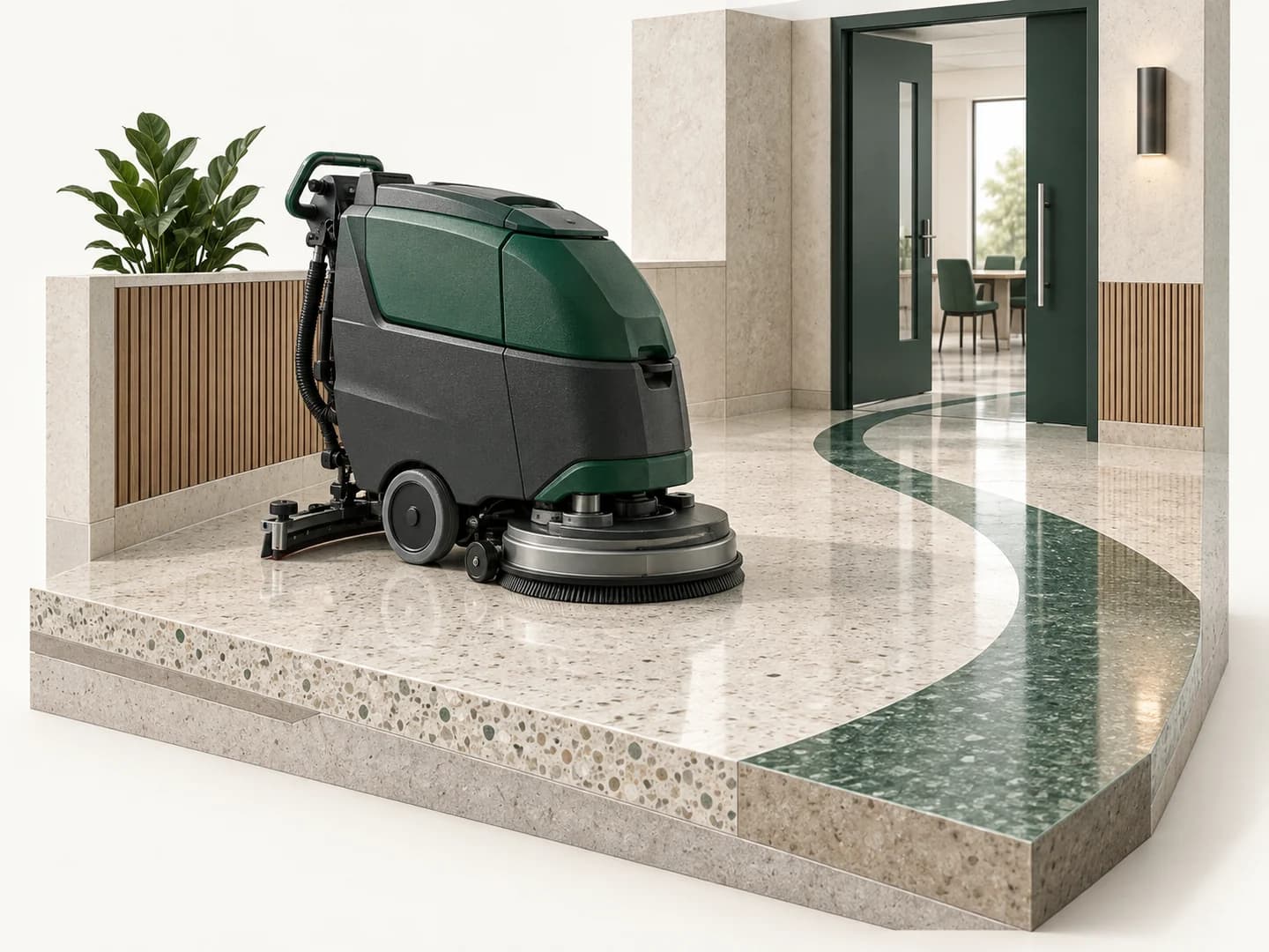 Conceptual illustration of a commercial floor-care machine in an architectural interior