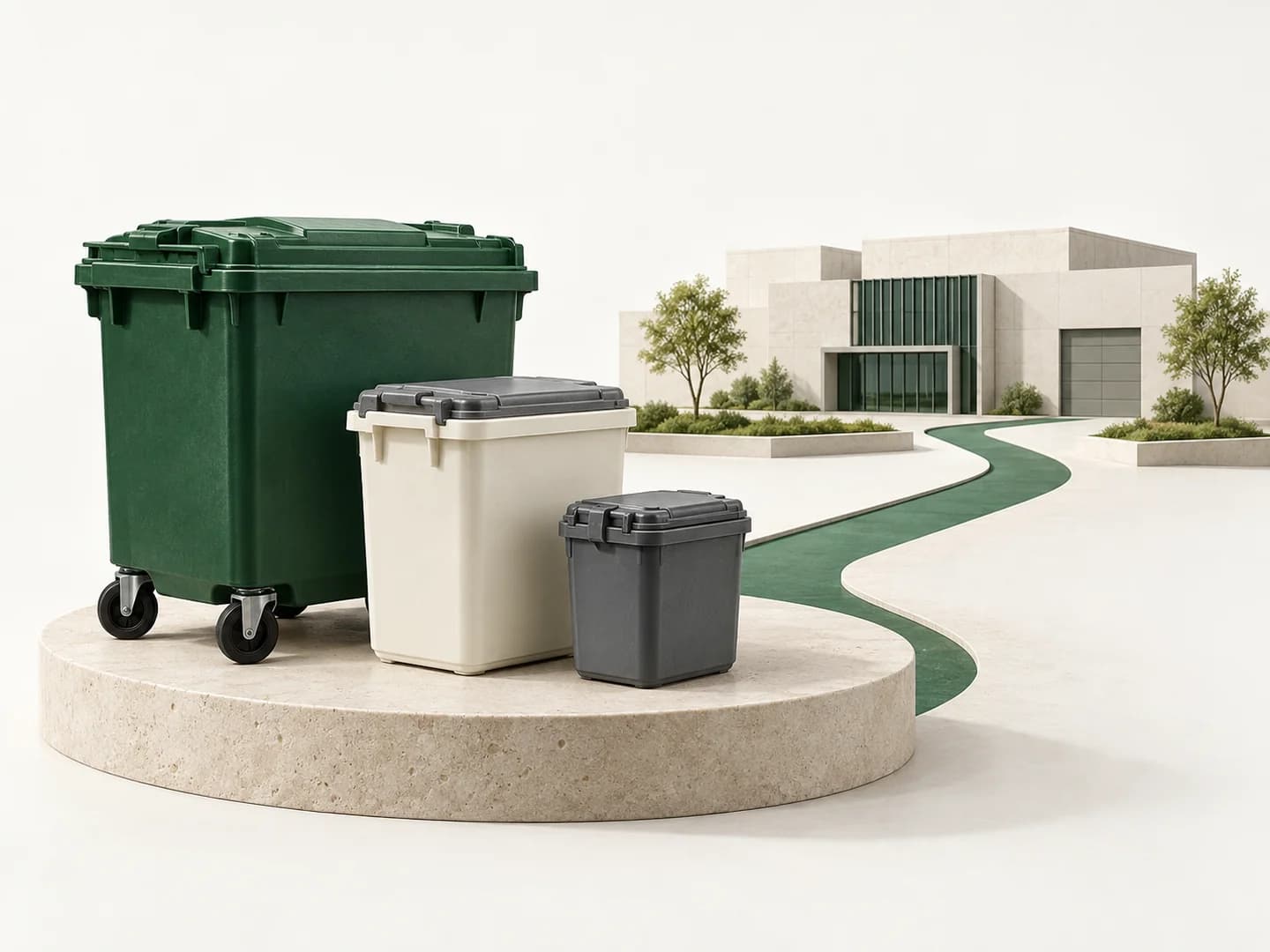 Conceptual illustration of sealed healthcare waste containers and a coordinated handling route