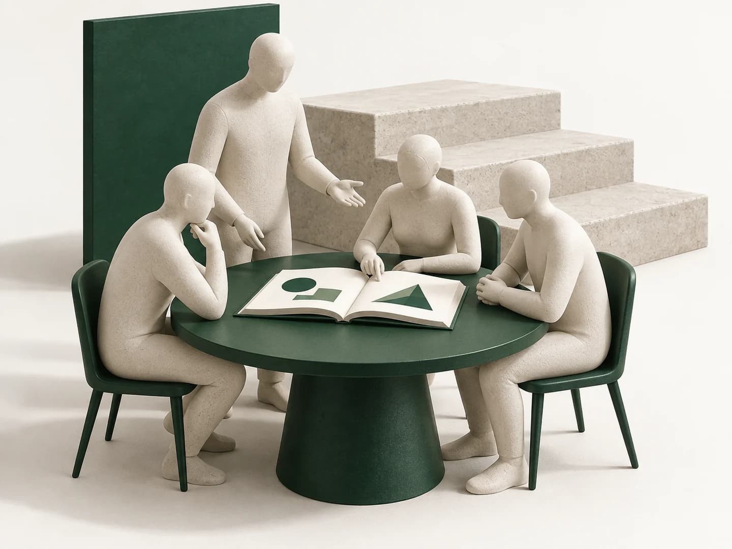 Conceptual illustration of a team learning together around a training table