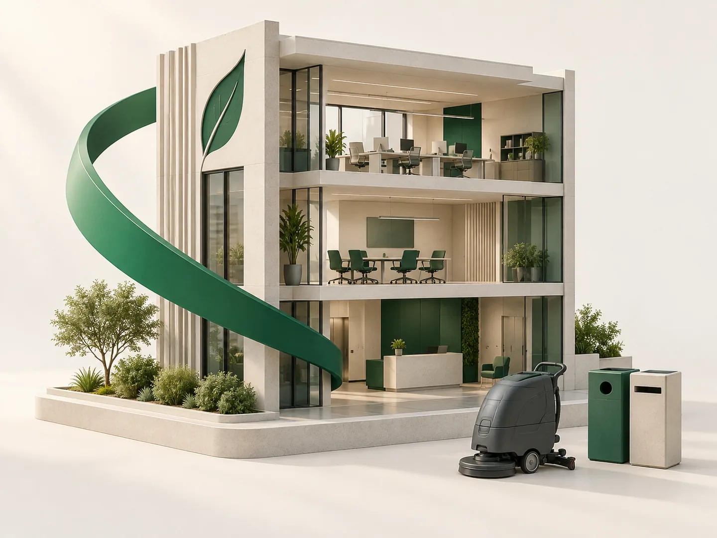 Illustration of a commercial building with a floor-cleaning machine and waste bins